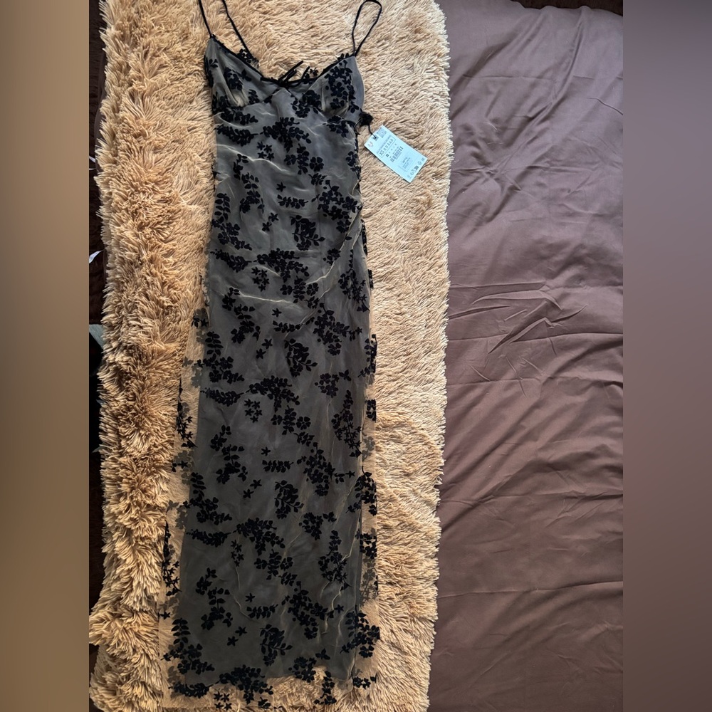 Zara Black Floral Mesh Maxi Slip Dress